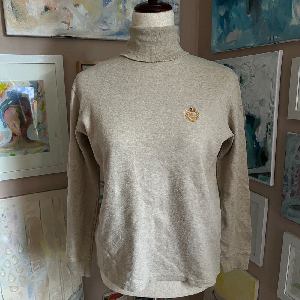 Lauren Ralph Lauren Beige Gold Crest Turtleneck‎ M Top Preppy y2k Quiet Luxury
